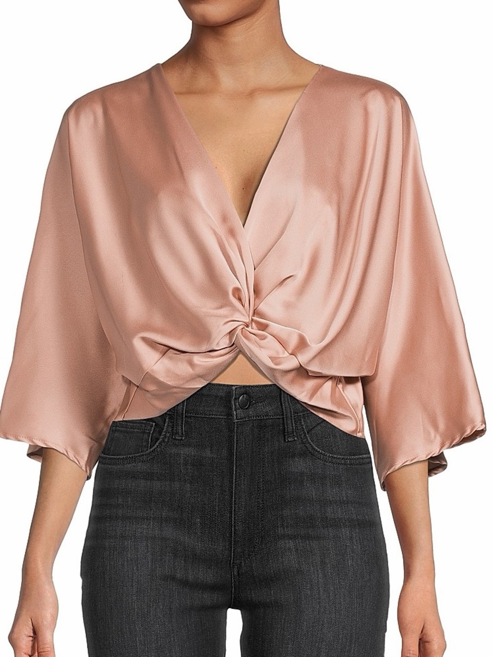 Twist-Front V-Neck Satin Blouse in Rose Blush